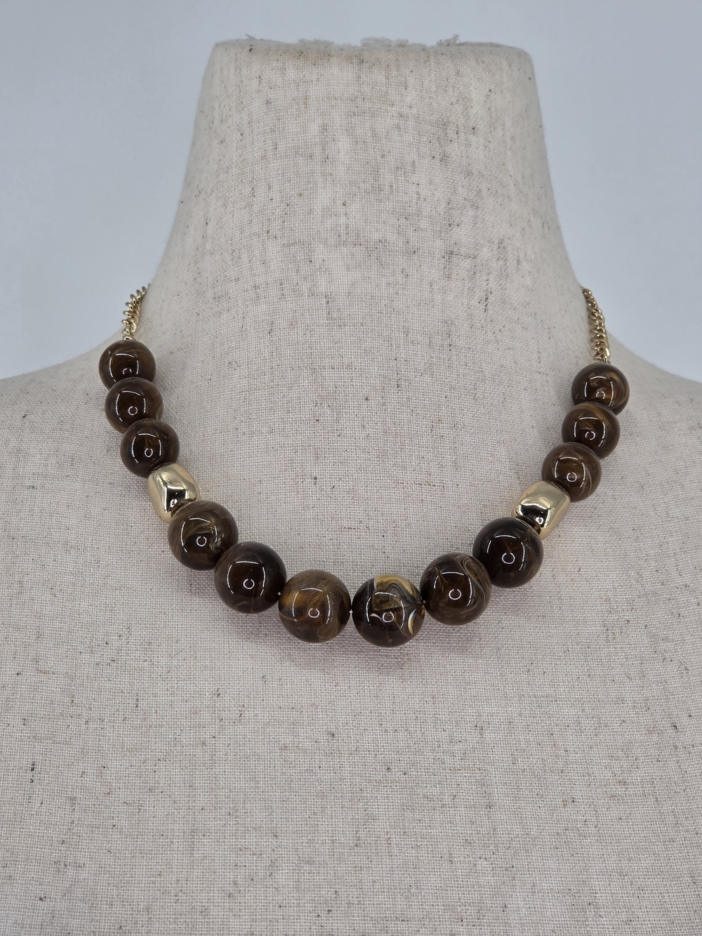 Erica Lyons Beaded Necklace OS Brown Gold Marbled Statement NWT